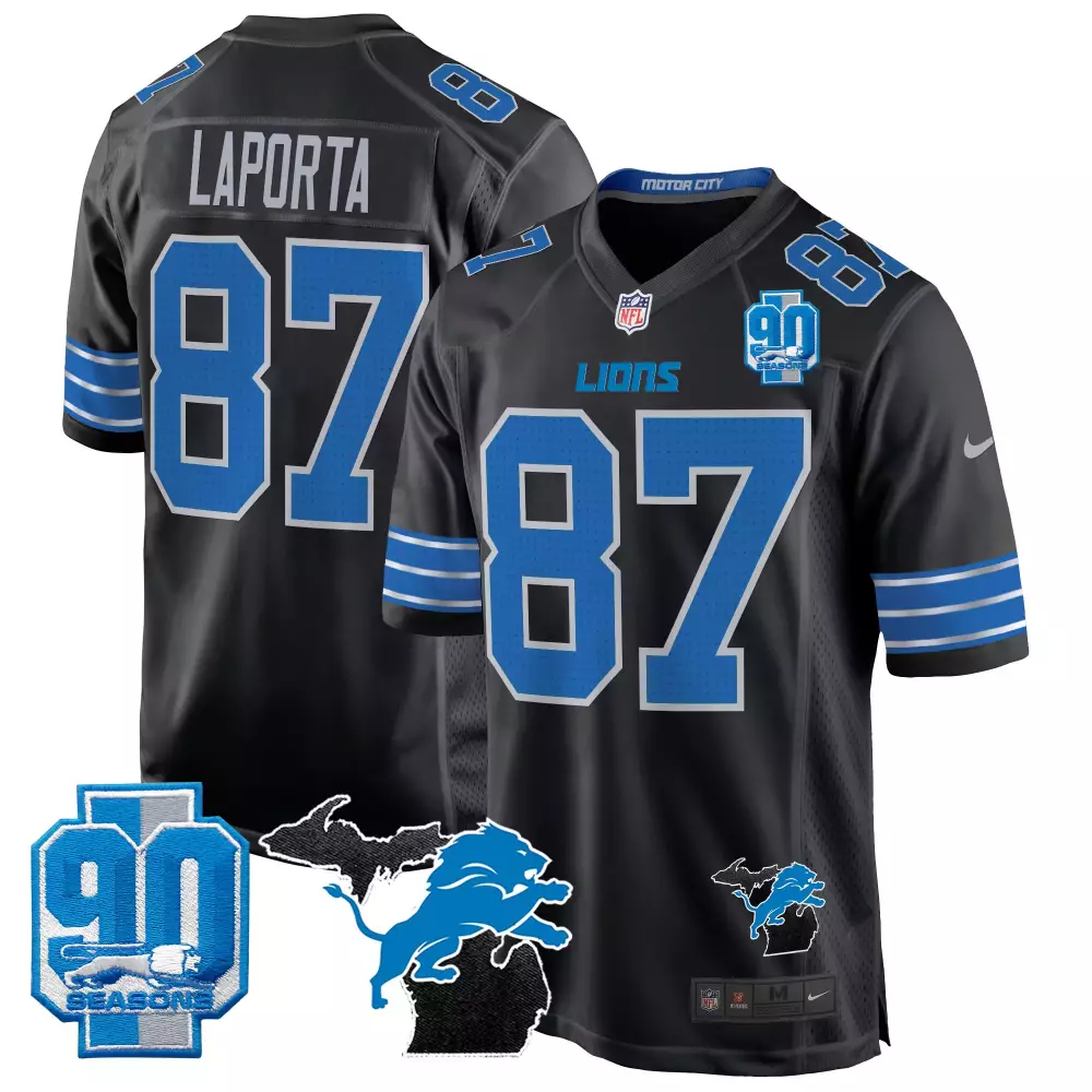 Sam Laporta Detroit Lions 2024 Black Jersey | Michigan 90th Year Patch | Game Day Outfit for Men, Women & Youth