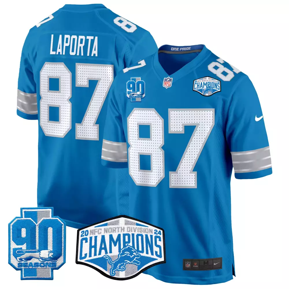 Sam Laporta Blue Men's Detroit Lions 2024 NFC North Division Champions Patch Game Jersey | Stitched Limited Edition | For Men, Women & Youth
