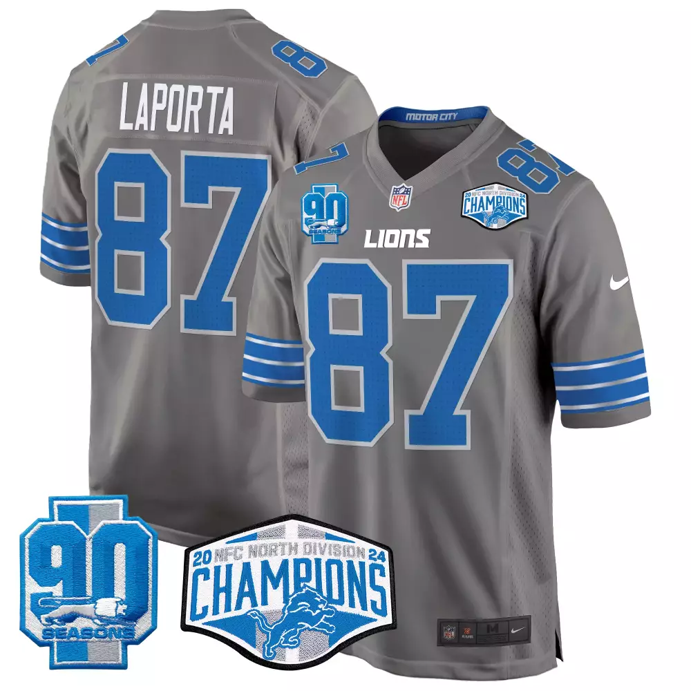 Sam Laporta Detroit Lions 2024 NFC North Division Champions Patch Game Jersey | Gray | Stitched Fan Gear for Men, Women & Youth