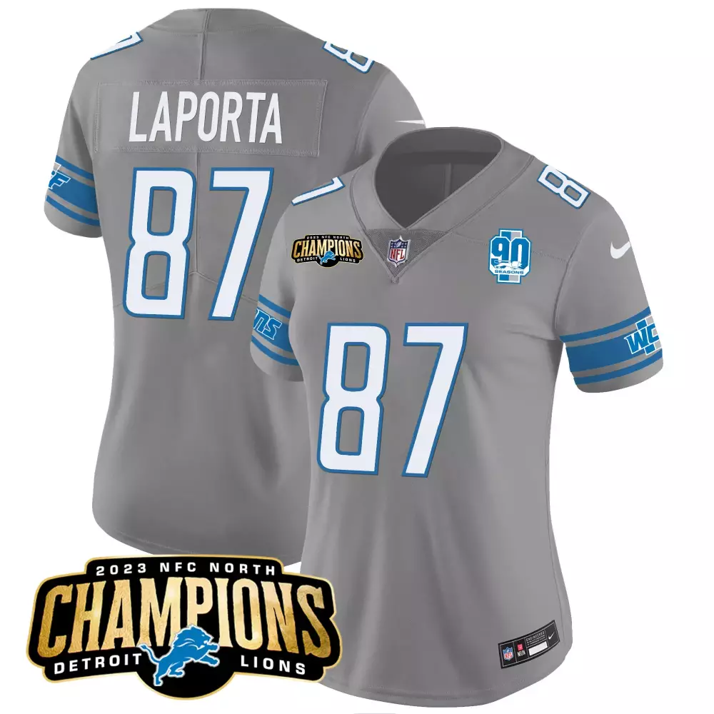 Sam Laporta Detroit Lions 2023 NFC North Champions Gray Jersey V2 | Vapor Stitched | Fan Gear for Women