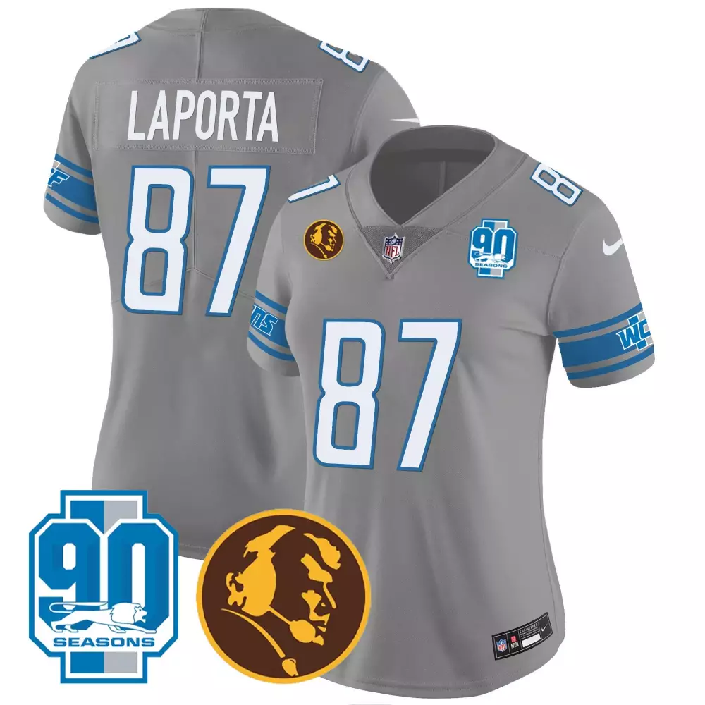 Sam Laporta Detroit Lions 90th John Madden Patch Gray Jersey | Stitched Fan Gear for Women