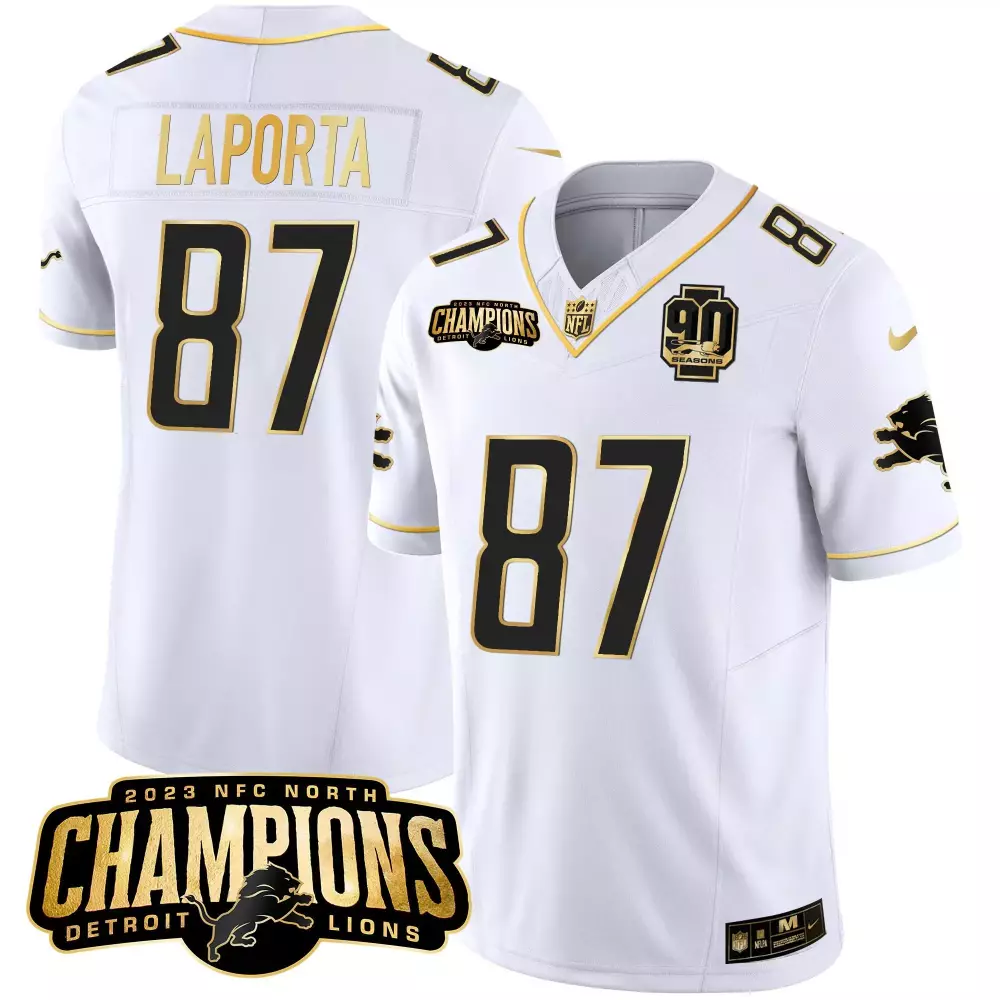 Sam Laporta 2023 NFC North Champions V2 Jersey | White Gold Vapor Stitched | Limited Edition Fan Gear for Men, Women & Youth