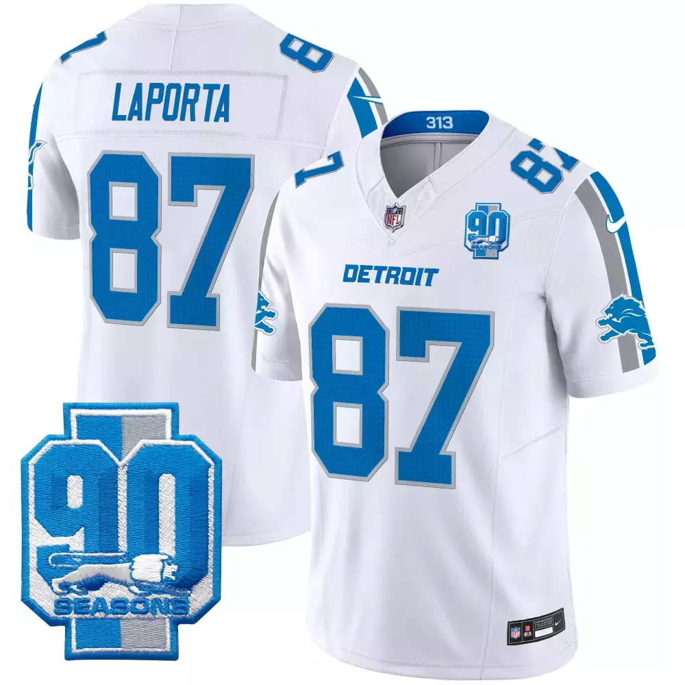 Sam Laporta 90th Year Patch Vapor Limited Jersey | White Stitched | Fan Gear for Men, Women & Youth