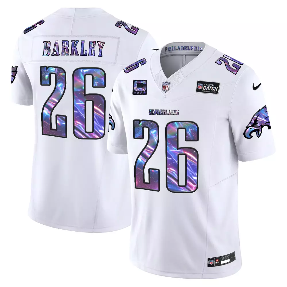 Saquon Barkley Philadelphia Eagles White Men's 2024 Crucial Catch Vapor Limited Jersey V2 | All Stitched | Nike Fan Gear for Men