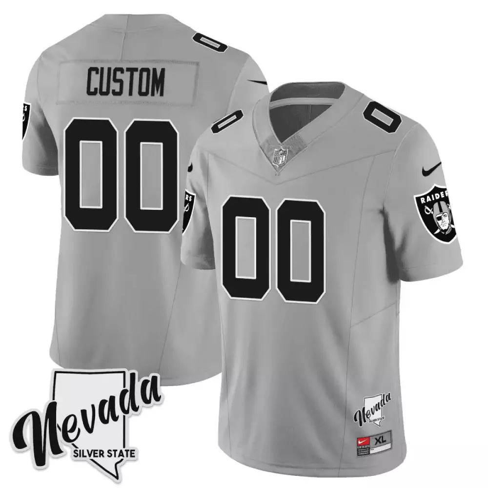 Silver Men Las Vegas Raiders 2023 Nevada Silver State Patch Vapor Custom Jersey | All Stitched | For Men, Women & Youth