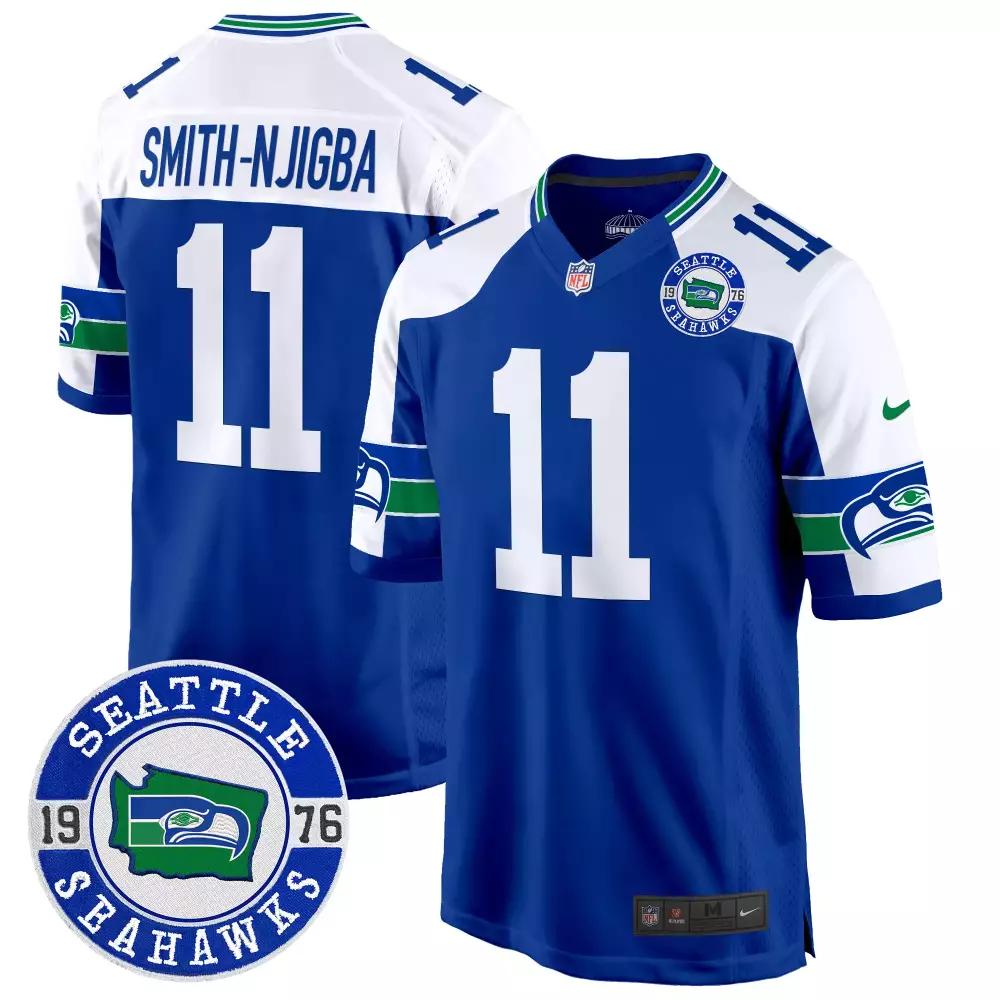 Smith-Njigba Seattle Seahawks Royal Alternate Throwback EST 1976 Patch Game Jersey | Stitched Fan Gear for Men, Women & Youth