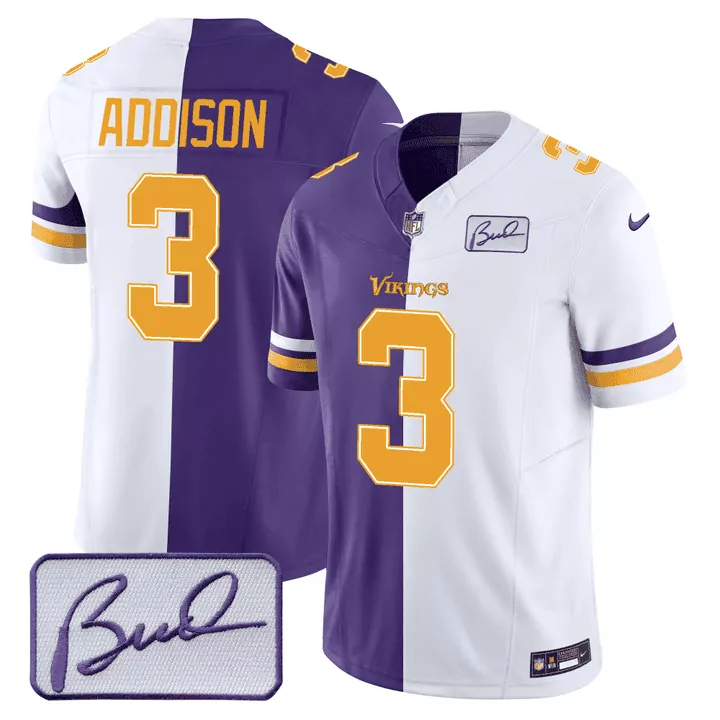 Jordan Addison Minnesota Vikings Men's Split Jersey | Bud Grant Patch | Purple & White Stitched | For Men, Women & Youth