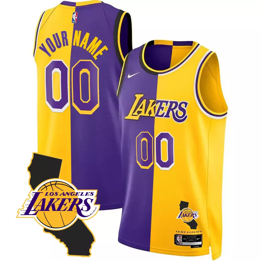 Split California Patch Custom Jersey | Los Angeles Lakers | Stitched for Men, Women & Youth