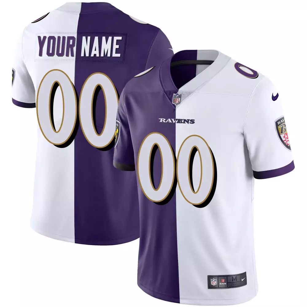 Split White Purple Men's Baltimore Ravens Vapor Gold Custom Jersey | All Stitched | Game Day Outfit for Men