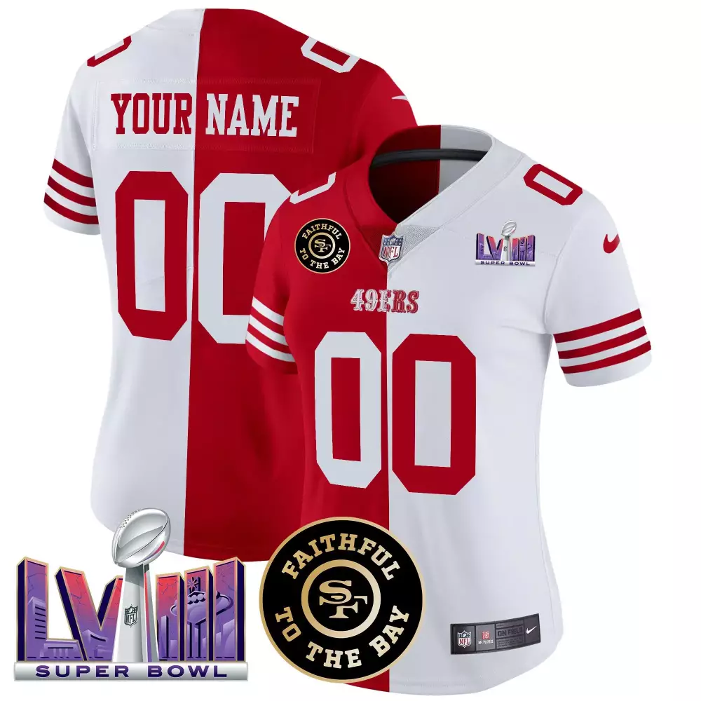 Split San Francisco 49ers Faithful Super Bowl LVIII Patch Vapor Custom Jersey | For Women & Youth | Celebrate in Style