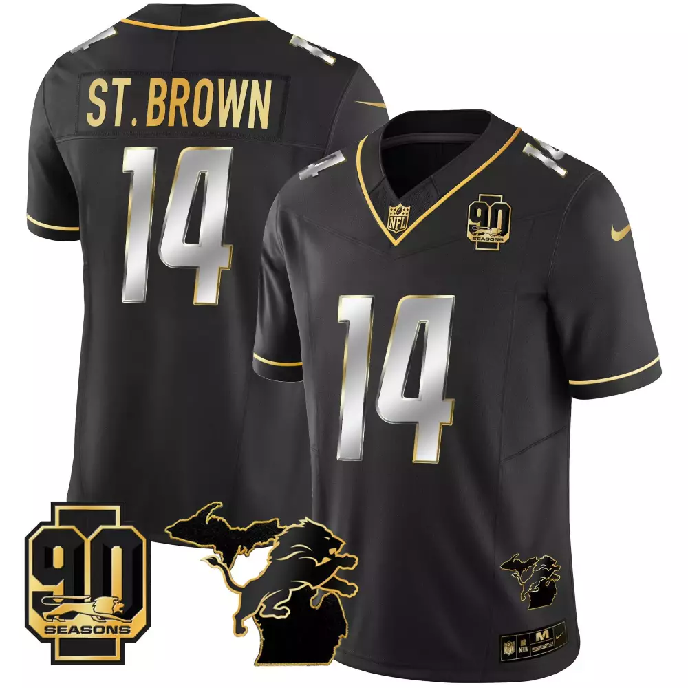 St. Brown Detroit Lions 90th Year Michigan Patch Gold Vapor Jersey | All Stitched | Fan Gear for Men, Women & Youth