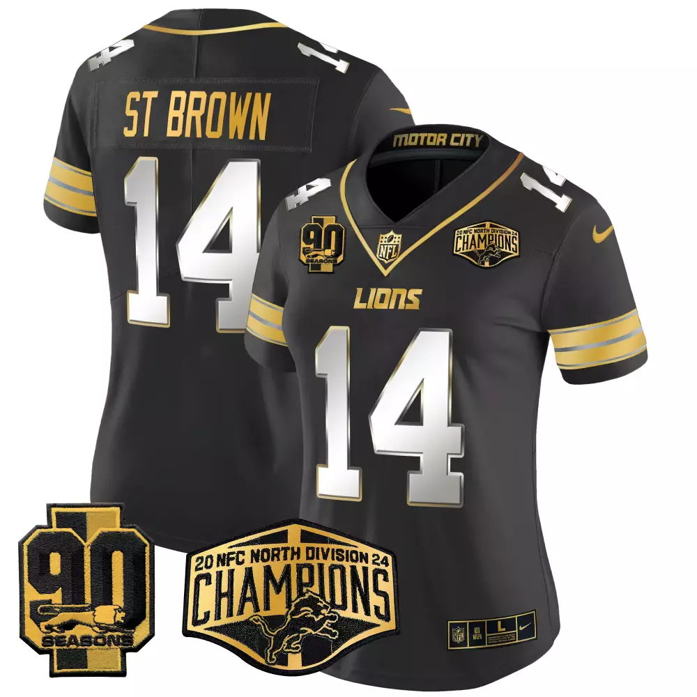 St. Brown Detroit Lions 2024 NFC North Division Champions Patch Gold Vapor Limited Jersey | All Stitched | For Women, Men & Youth