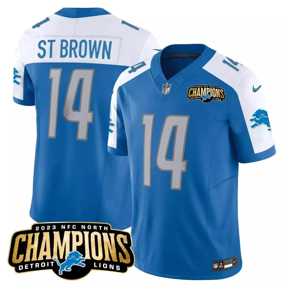 St. Brown Detroit Lions 2023 Men's Vapor Jersey | NFC North Champions Patch | Blue Alternate | All Stitched Limited Edition | For Men, Women & Youth