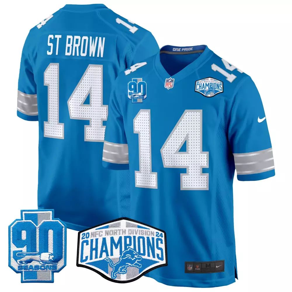 St. Brown Detroit Lions 2024 NFC North Division Champions Patch Game Jersey | Blue Style | All Stitched Fan Gear for Men, Women & Youth