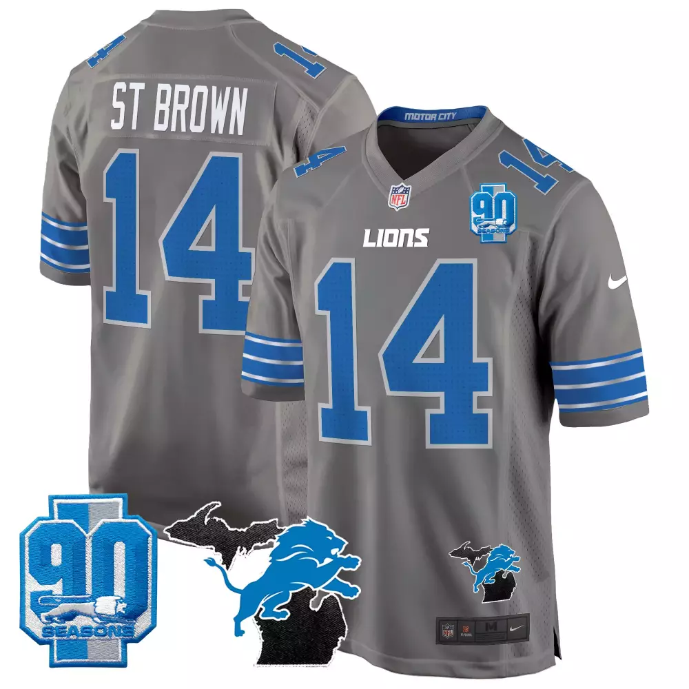 St. Brown Detroit Lions 2024 Michigan 90th Year Patch Game Jersey | Gray Stitched Fan Gear for Men, Women & Youth