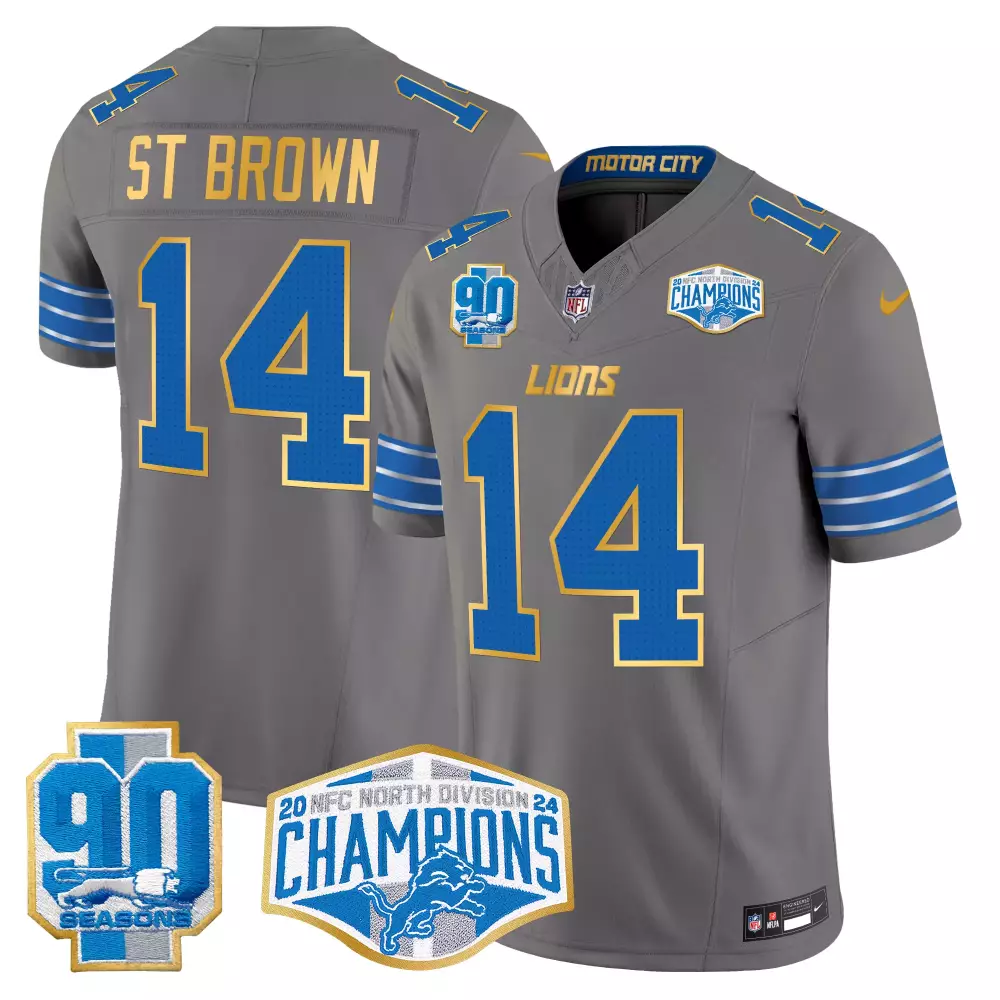 St. Brown Detroit Lions 2024 NFC North Division Champions Gold Trim Vapor Limited Jersey | Gray Stitched Fan Gear for Men, Women & Youth