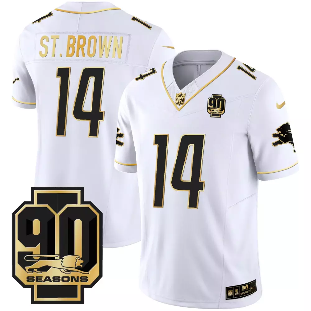 St. Brown Detroit Lions 90th Year Patch Gold Jersey | All Stitched | Fan Gear | For Men, Women & Youth