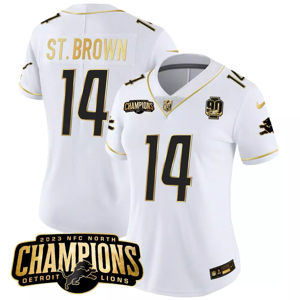 St. Brown Detroit Lions 2023 NFC North Champions Gold Vapor Jersey V2 | All Stitched | Fan Gear for Women | For Men, Women & Youth