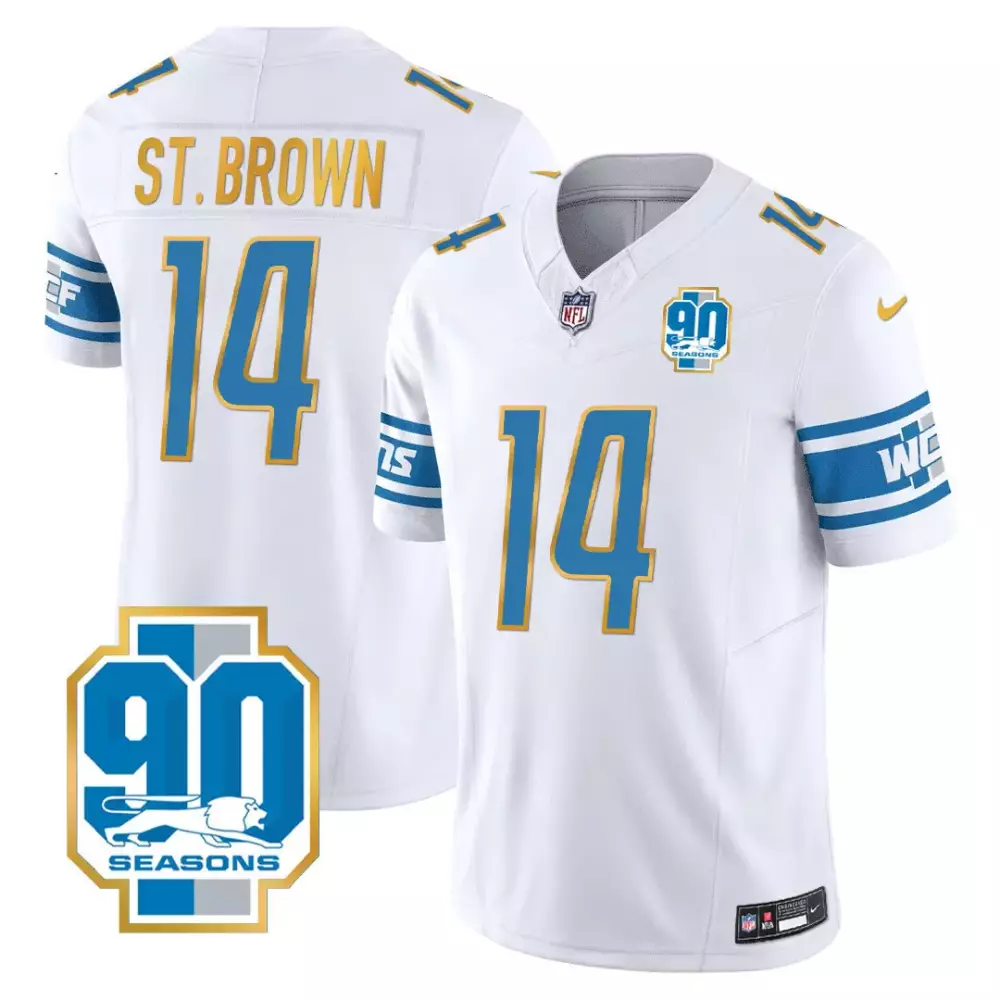 St. Brown Detroit Lions 90th Year Patch Gold Trim Jersey | All Stitched Limited Edition | For Men, Women & Youth