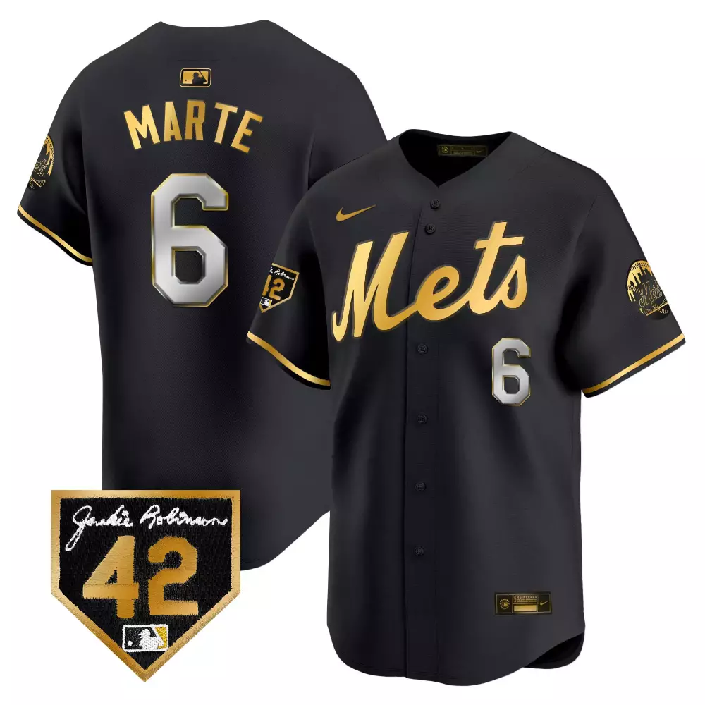 Starling Marte New York Mets 2024 Jackie Robinson Patch Jersey | Black Gold Vapor Premier Limited Edition | Fan Gear for Men, Women & Youth