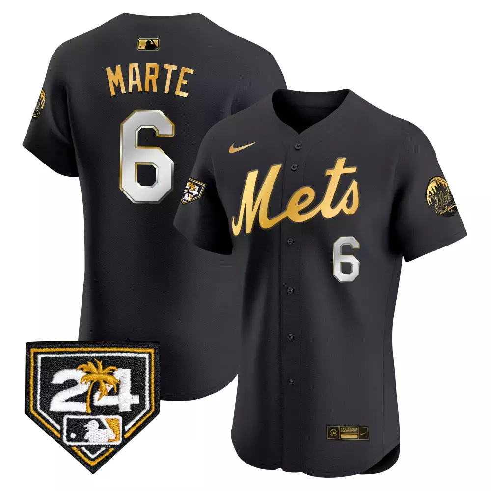 Starling Marte New York Mets 2024 Spring Training Jersey | Black Gold Vapor Premier Elite | All Stitched Fan Gear for Men, Women & Youth