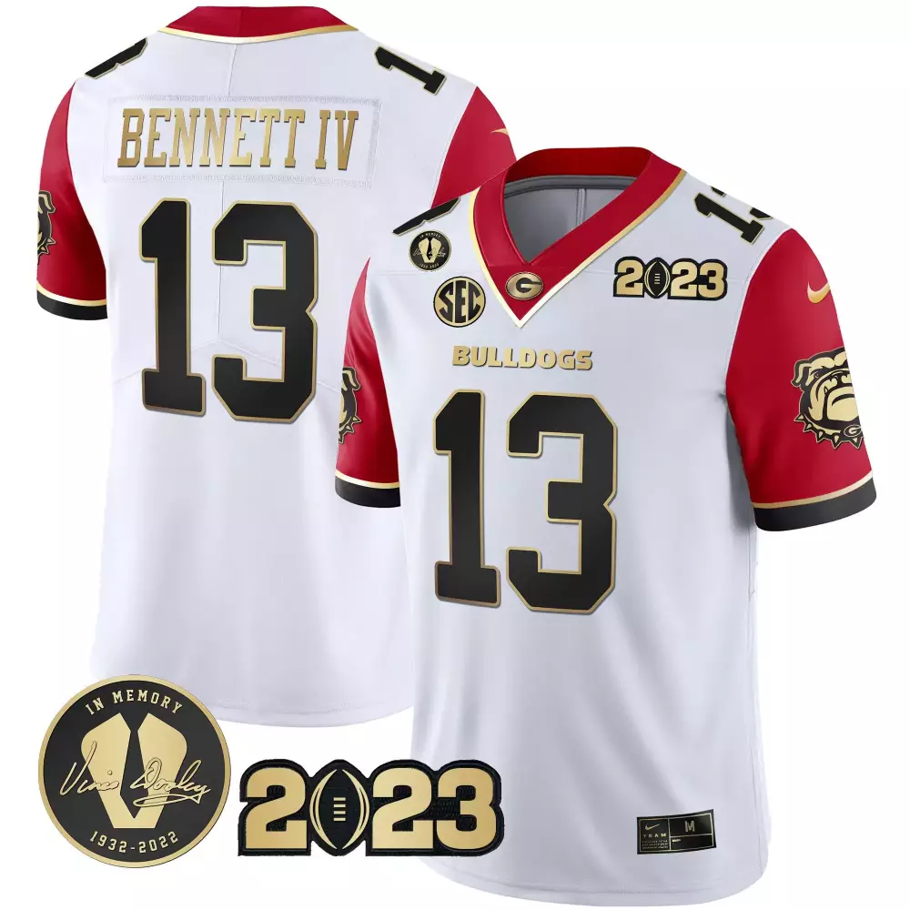 Stetson Bennett Georgia Bulldogs 2023 Red Sleeves Champions Gold Jersey | Stitched | Limited Edition Fan Gear | For Men, Women & Youth