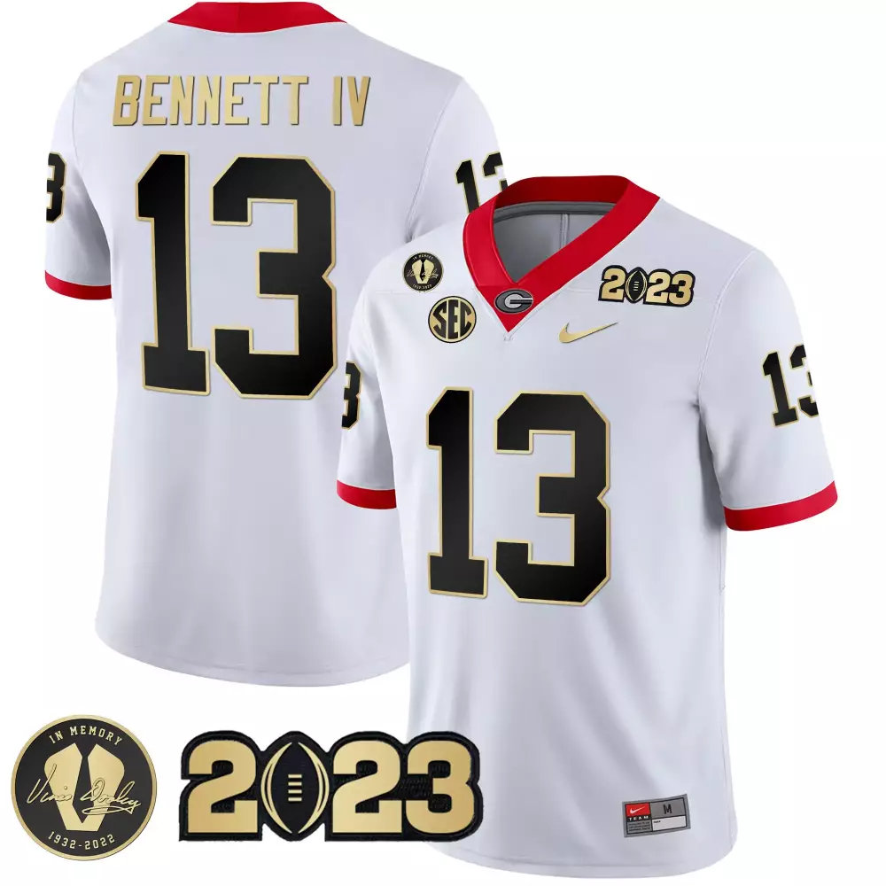 Stetson Bennett Georgia Bulldogs 2023 Champions Jersey | White Gold Trim | All Stitched | Fan Gear for Men, Women & Youth