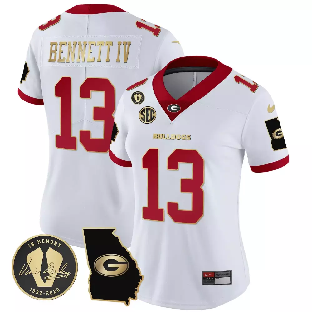 Stetson Bennett Georgia Bulldogs 2023 Vapor Jersey V3 | Georgia Map | Women's White Gold Trim | All Stitched | For Women & Youth