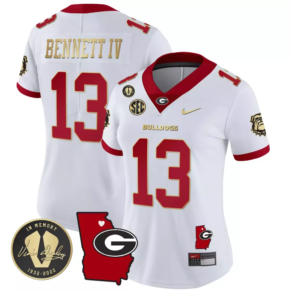 Stetson Bennett Georgia Bulldogs 2023 Vapor Jersey V4 | Georgia Map | Women's White Gold Trim | All Stitched | For Women & Youth