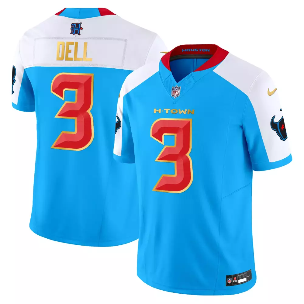 Tank Dell Houston Texans 2024 Men's Blue Alternate Gold Trim Vapor Limited Jersey | All Stitched | For Men, Women & Youth