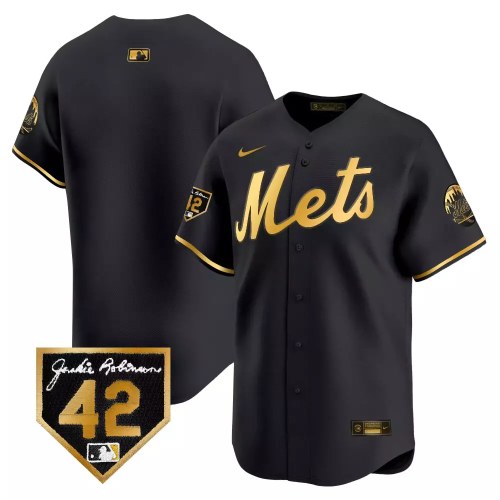 New York Mets 2024 Jackie Robinson Patch Jersey | Black Gold Stitched Vapor Premier | Limited Edition Fan Gear | For Men, Women & Youth