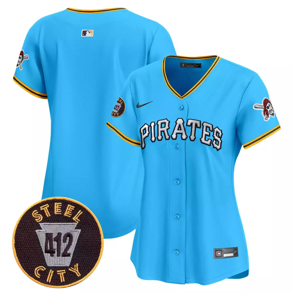 Pittsburgh Pirates 412 Patch Light Blue Vapor Premier Jersey V6 | Women's Stitched Design | Limited Edition Fan Gear | For Men, Women & Youth