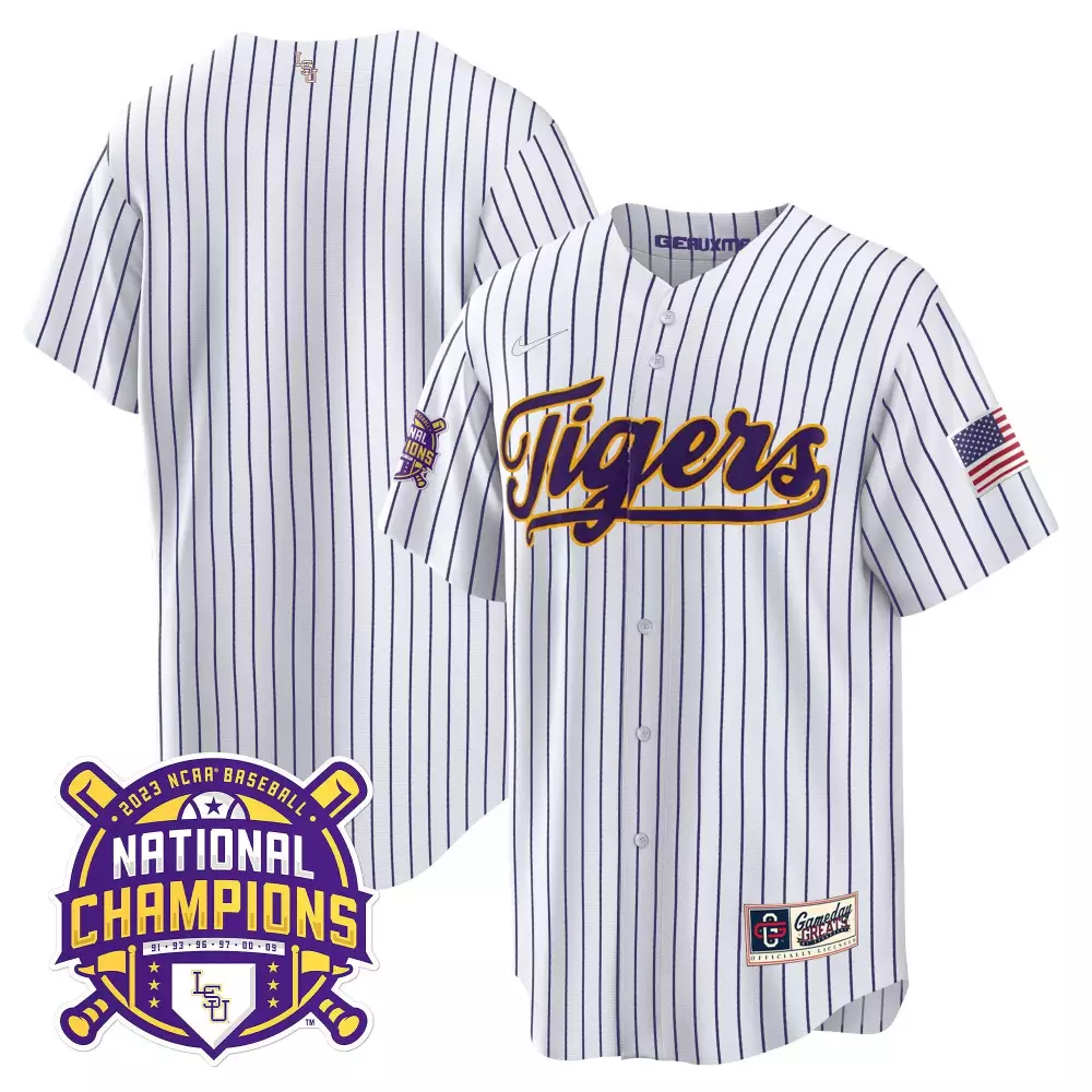 LSU Tigers 2023 National Champions Gold Cool Jersey | Team Pinstripe Stitched | Fan Gear for Men, Women & Youth