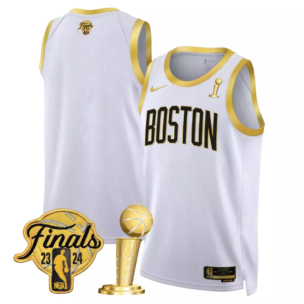 Boston Celtics 2024 Final Champions Patch Swingman Jersey | White Gold | All Stitched Fan Gear | For Men, Women & Youth