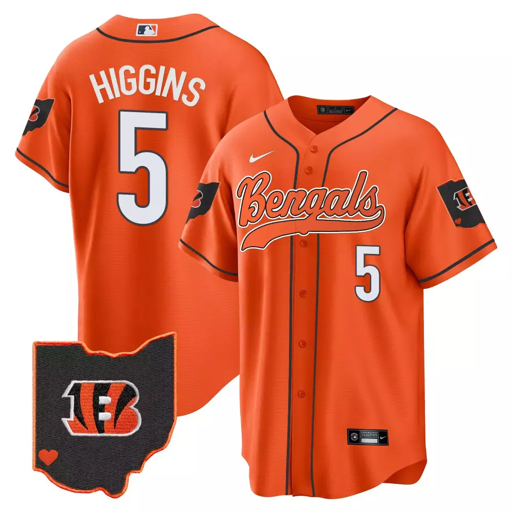 Tee Higgins Cincinnati Bengals Ohio Patch Baseball Jersey | Orange Stitched Design | Fan Gear for Men, Women & Youth
