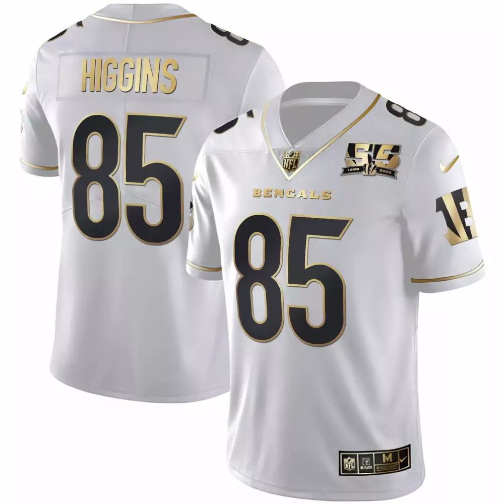 Tee Higgins Cincinnati Bengals 55th Anniversary Patch Jersey | White Gold Stitched Limited Edition | For Men, Women & Youth