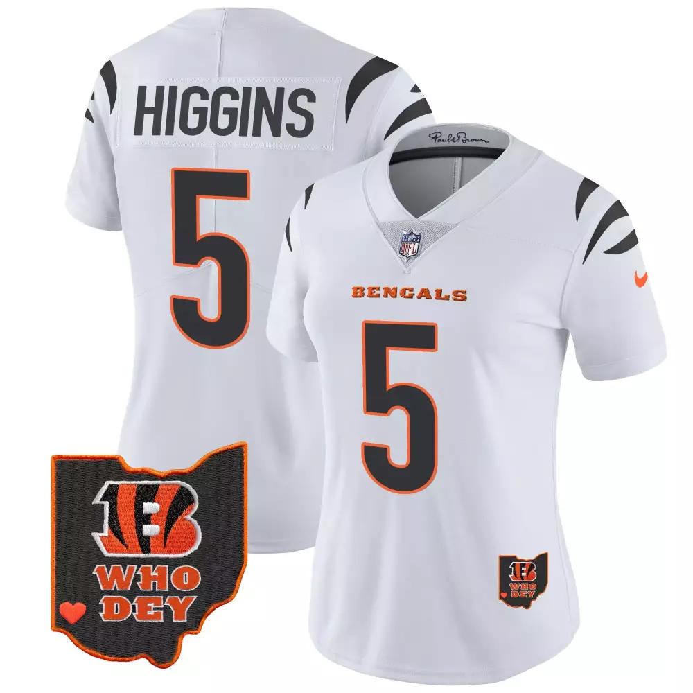 Tee Higgins Cincinnati Bengals Ohio Patch Vapor Limited Jersey V2 | White Stitched | Fan Gear for Game Day | For Men, Women & Youth