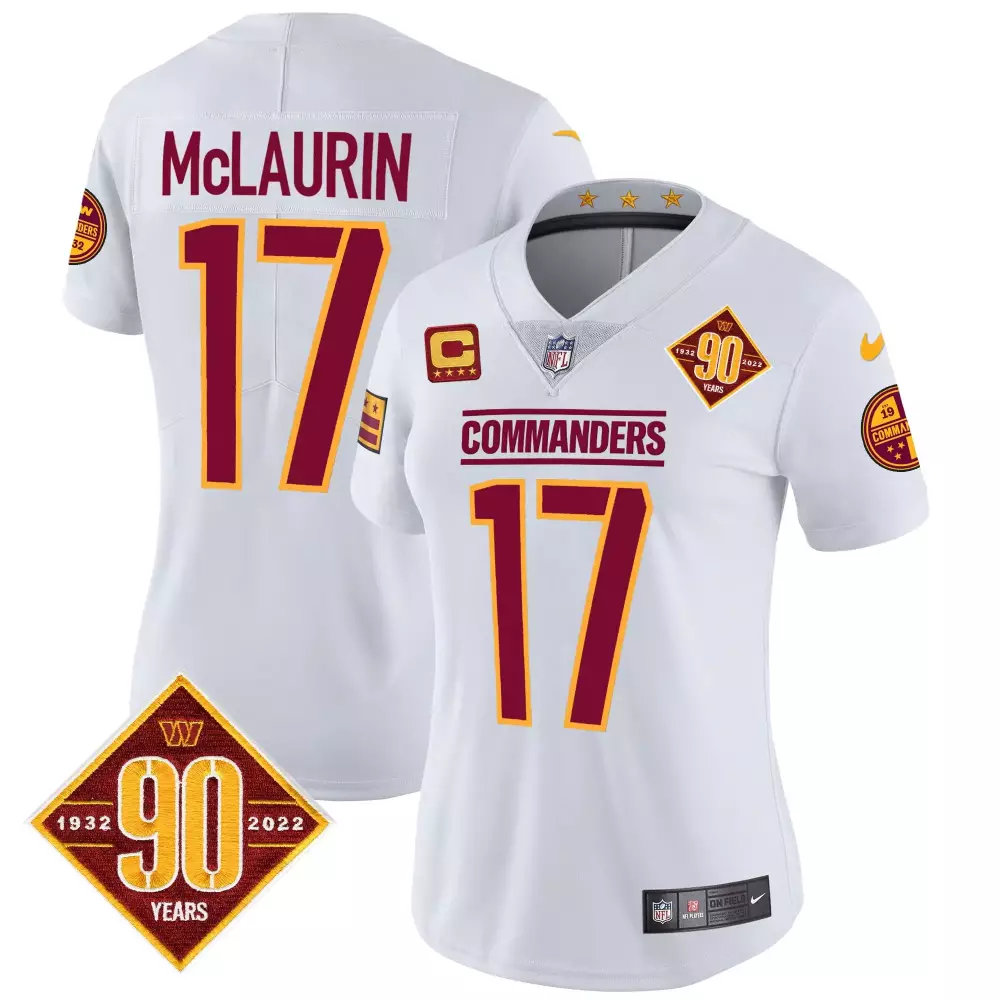 Terry McLaurin Washington Commanders 90th Anniversary Patch Vapor Jersey | Stitched White | For Women, Men & Youth