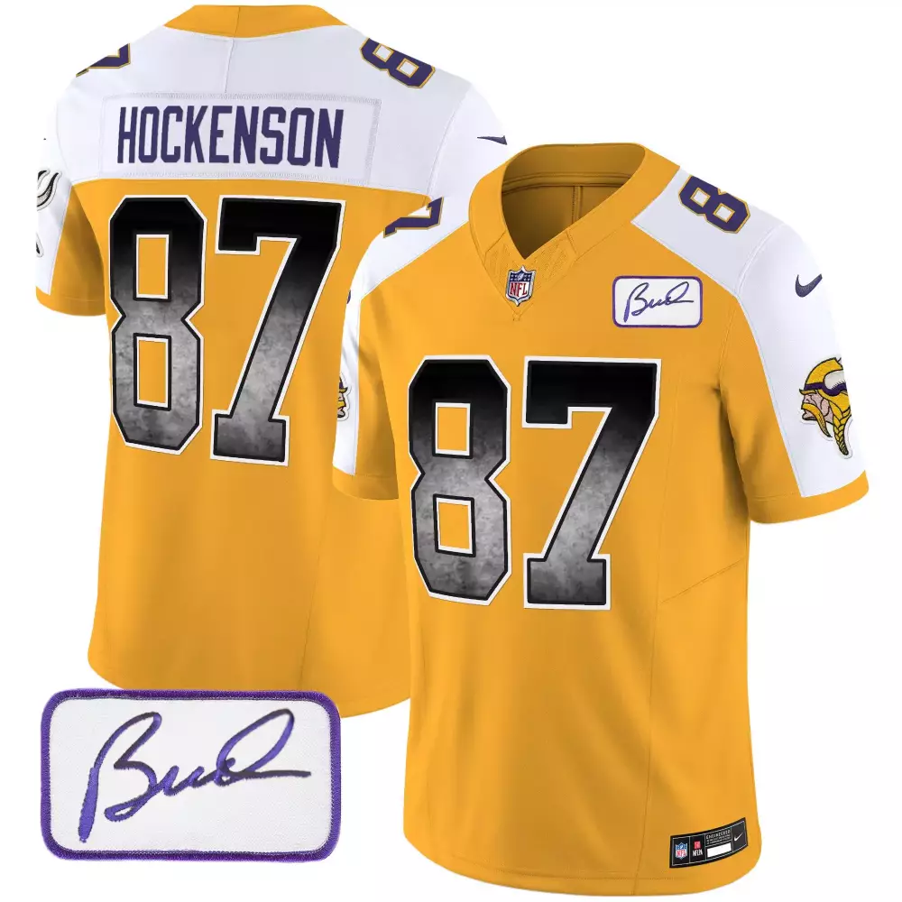 TJ Hockenson Gold Alternate Men's Minnesota Vikings Bud Grant Patch Arch Smoke Vapor Jersey | All Stitched | Fan Gear for Men, Women & Youth