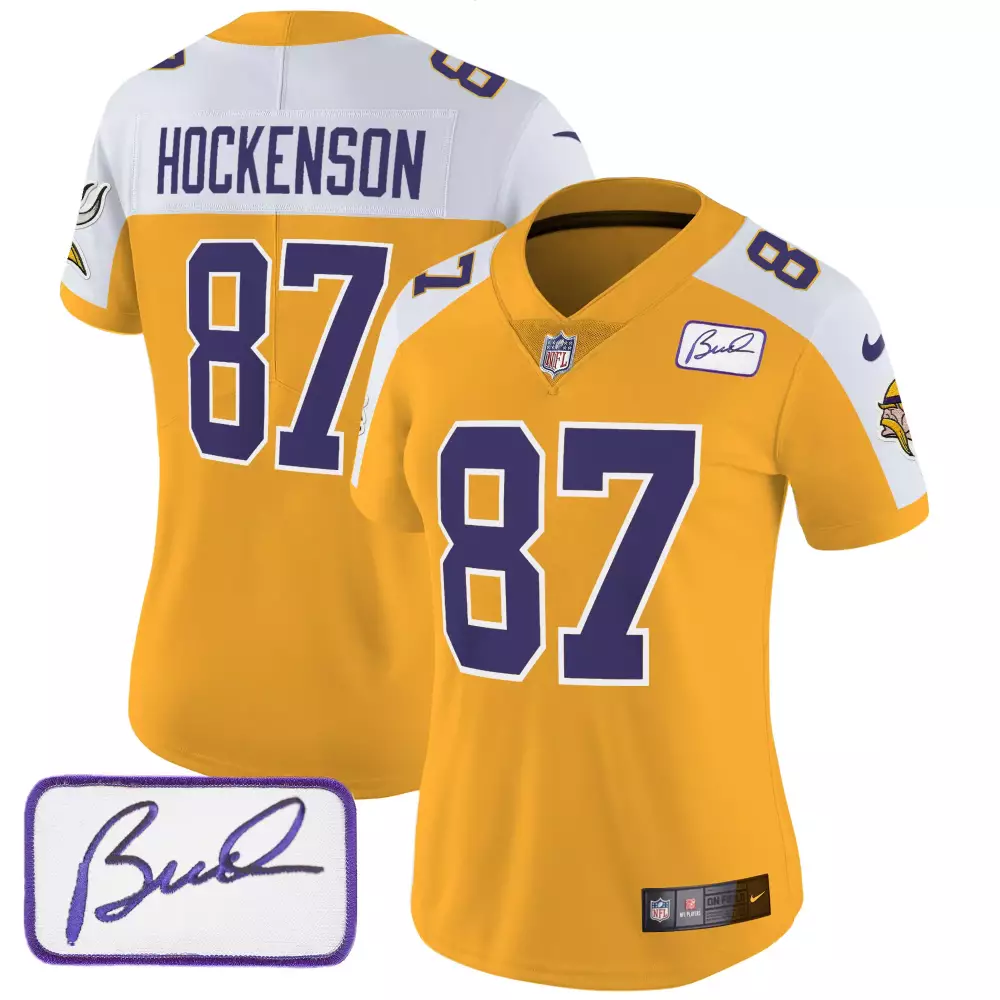 TJ Hockenson Gold Alternate Women's Minnesota Vikings Bud Grant Patch Classic Limited Jersey V3 | All Stitched | Fan Gear for Men, Women & Youth