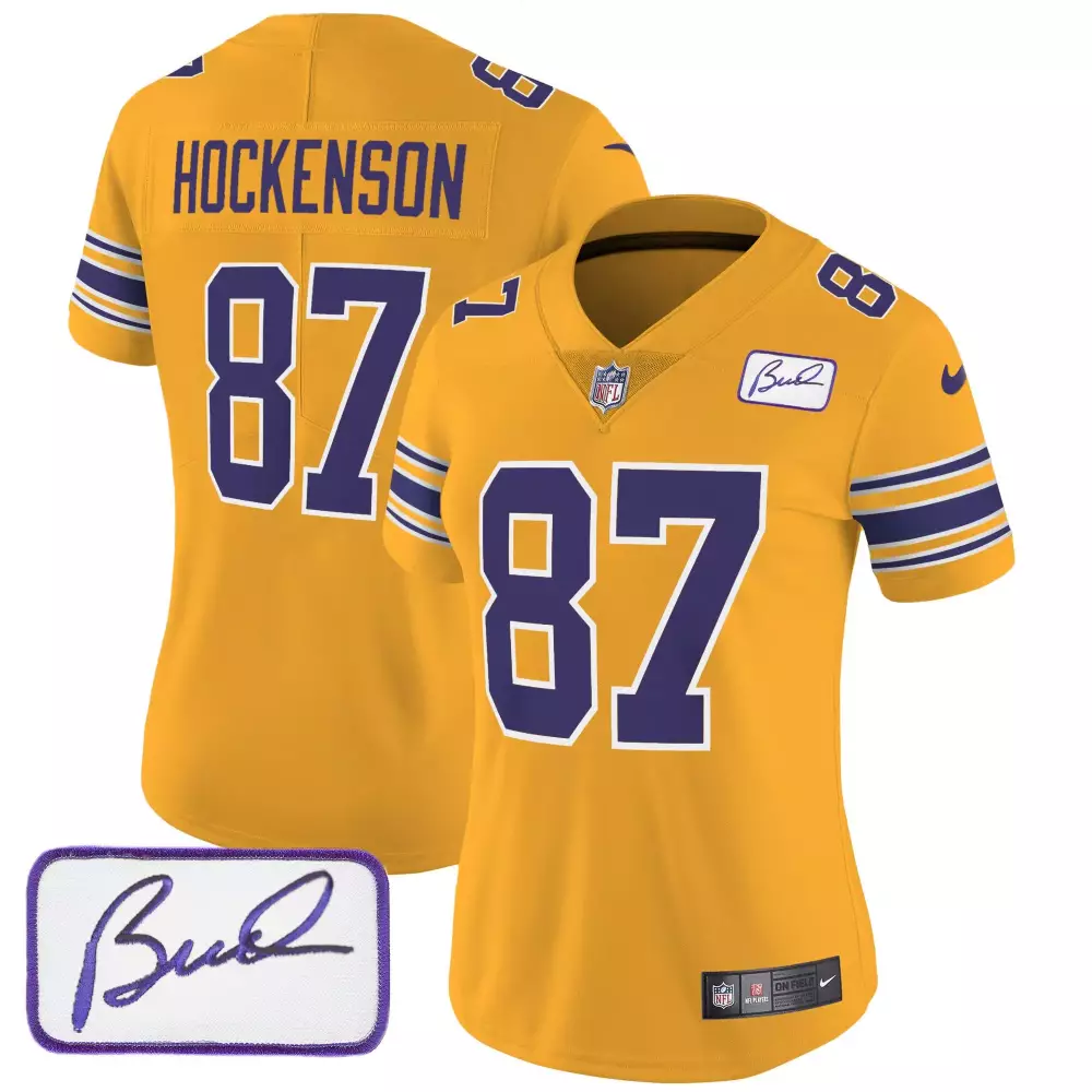 TJ Hockenson Gold Women's Minnesota Vikings Bud Grant Patch Classic Limited Jersey | All Stitched | Fan Gear for Men, Women & Youth