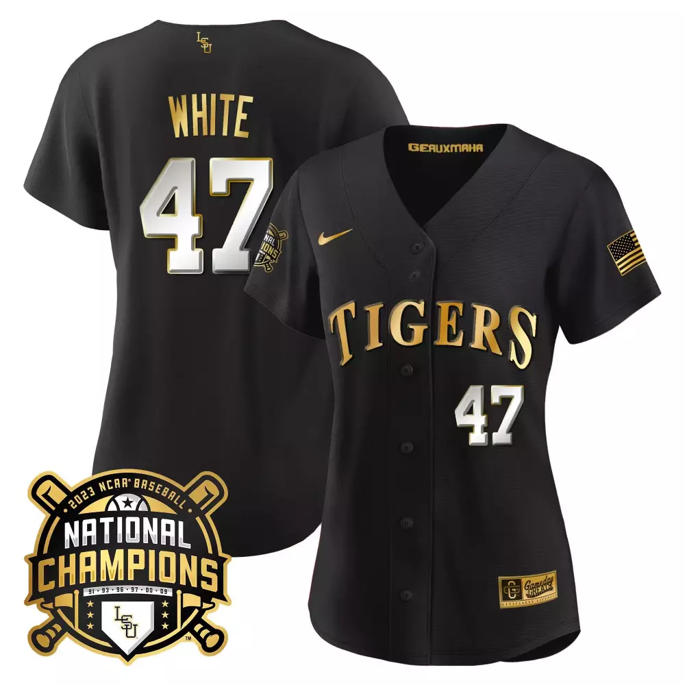 Tommy White LSU Tigers 2023 National Champions Stitched Jersey | Black | Gold Cool | Fan Gear for Women