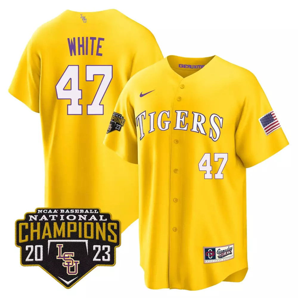 Tommy White LSU Tigers 2023 National Champions Gold Jersey V5 | Stitched Men's Fan Gear | For Men, Women & Youth