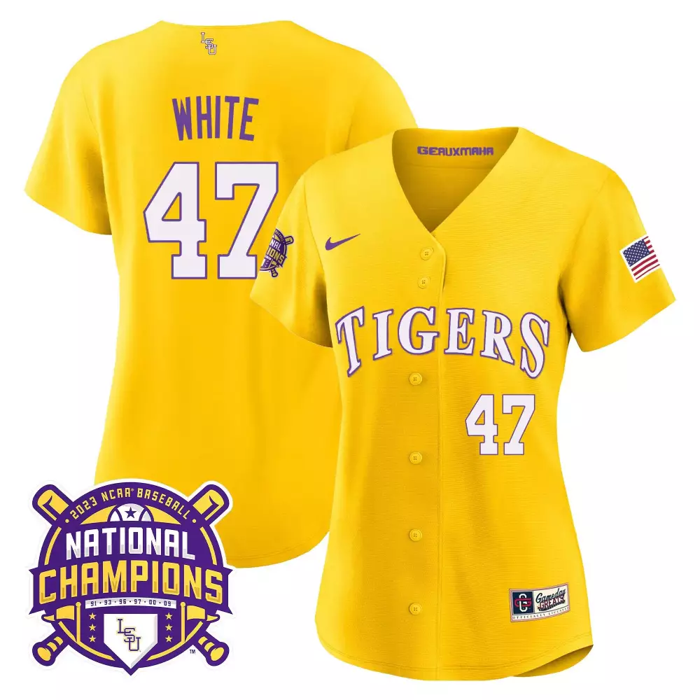 Tommy White LSU Tigers 2023 National Champions Gold Jersey V2 | Stitched Women's Fan Gear | For Men, Women & Youth