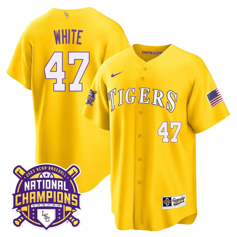 Tommy White LSU Tigers 2023 National Champions Gold Jersey | Stitched Youth Fan Gear | For Men, Women & Youth