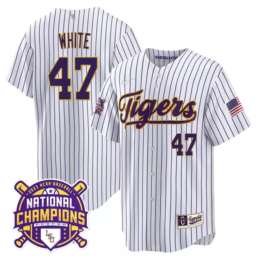 Tommy White LSU Tigers 2023 National Champions Stitched Jersey | Pinstripe | Gold Cool | Fan Gear for Men, Women & Youth