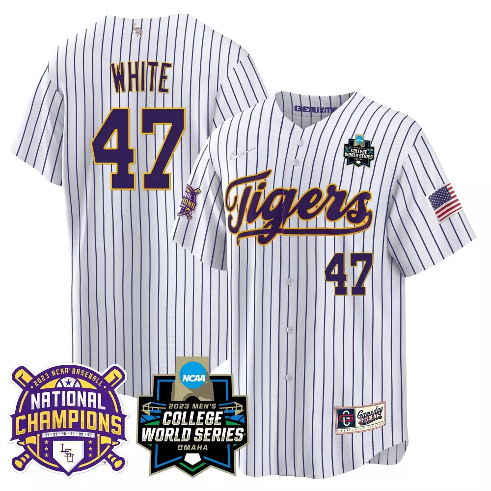 Tommy White Pinstripe Men's LSU Tigers 2023 National Champions Jersey V3 | Stitched Gold Fan Gear | For Men, Women & Youth
