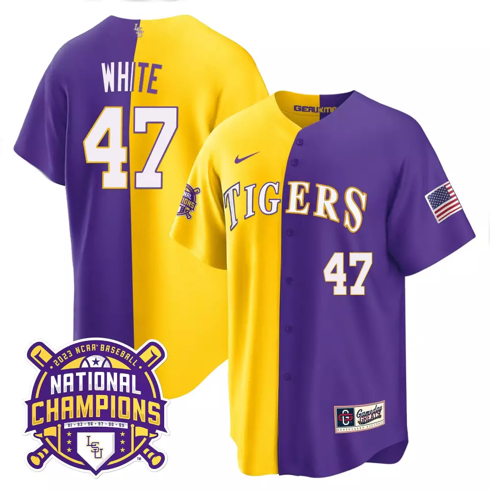 Tommy White LSU Tigers 2023 National Champions Purple Gold Split Jersey | Men's All Stitched | Replica Fan Gear for Game Day | For Men, Women & Youth