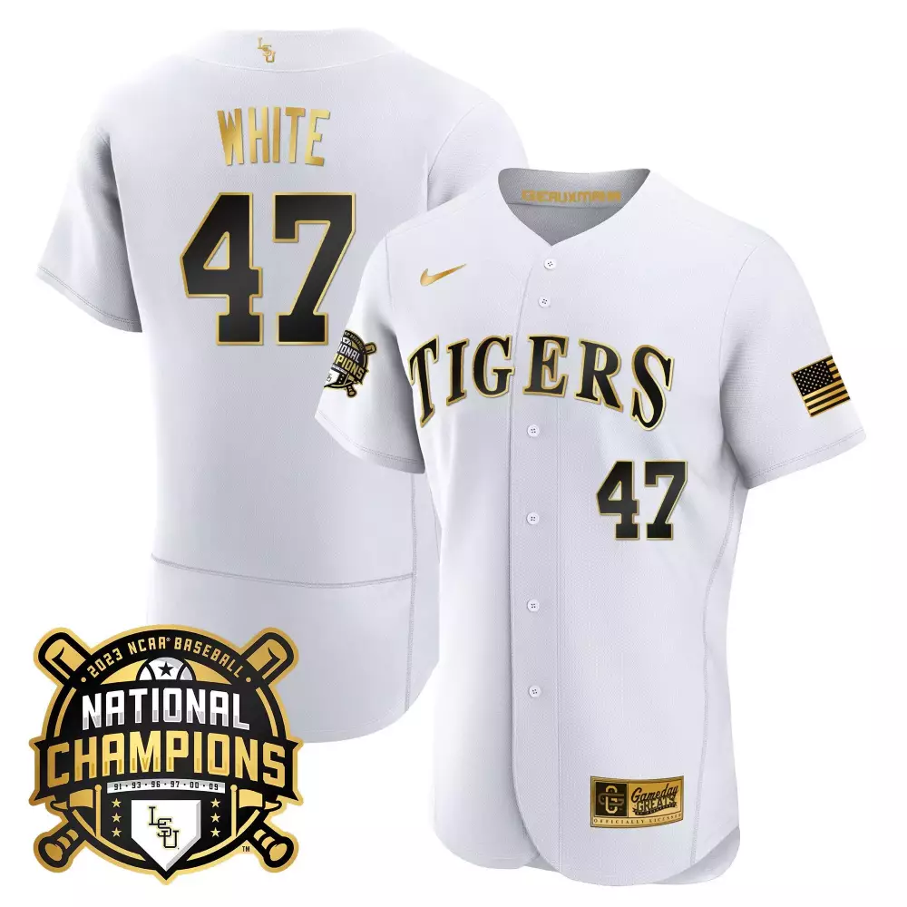 Tommy White LSU Tigers 2023 National Champions Gold Flex Jersey | Stitched Men's Fan Gear | For Men, Women & Youth
