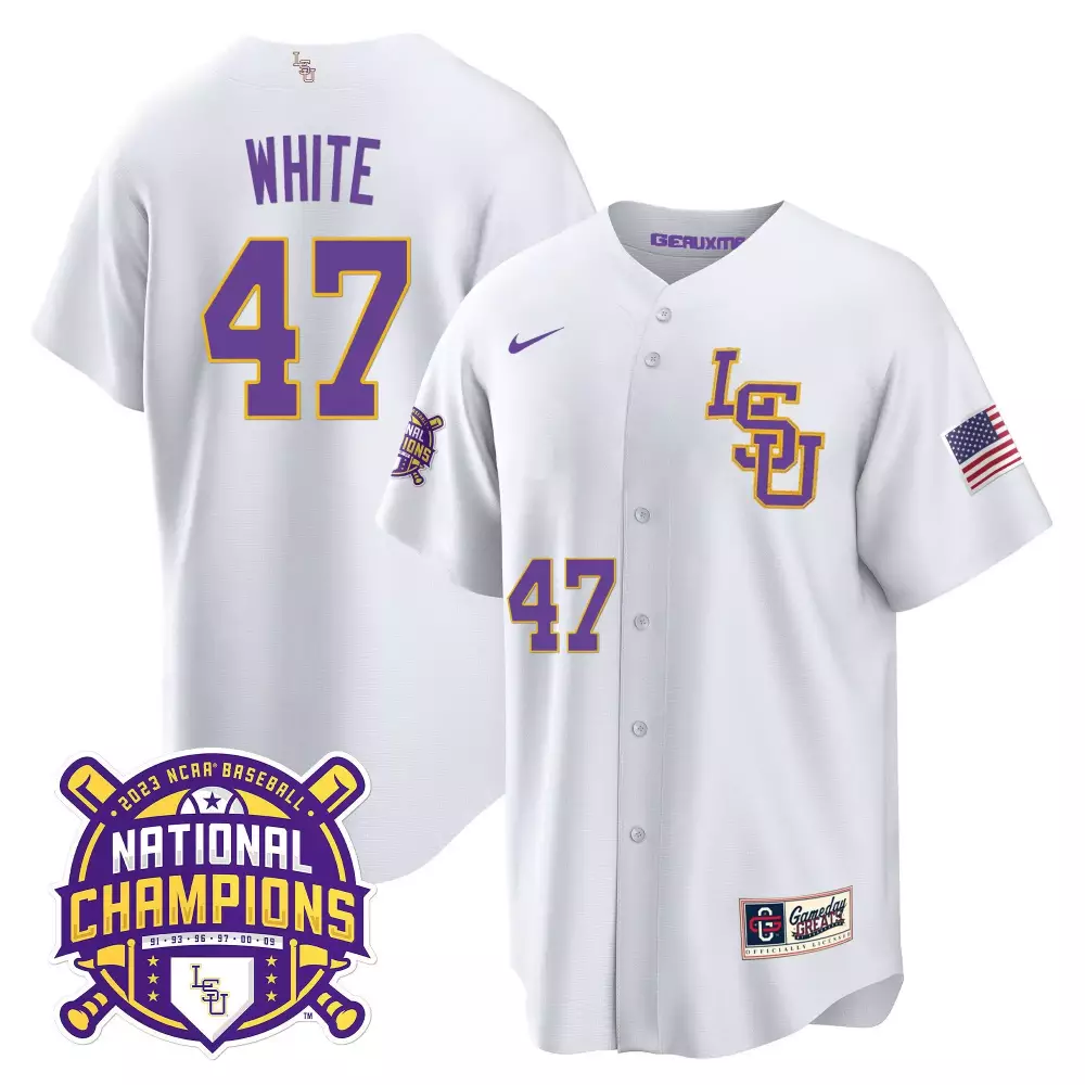 Tommy White White LSU Men's LSU Tigers 2023 National Champions Jersey V2 | Stitched Gold Fan Gear | For Men, Women & Youth